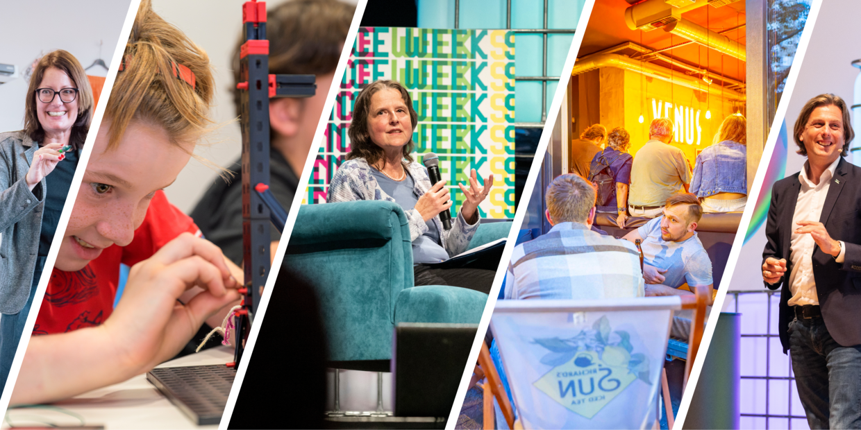 KIT Menschen bei der KIT Science Week die sich miteinander unterhalten