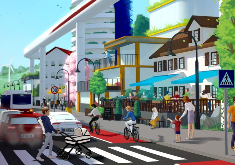 Stadtbild mit moderner Infrastruktur, Radwegen und Fußgängerübergang in einer nachhaltigen Stadt.