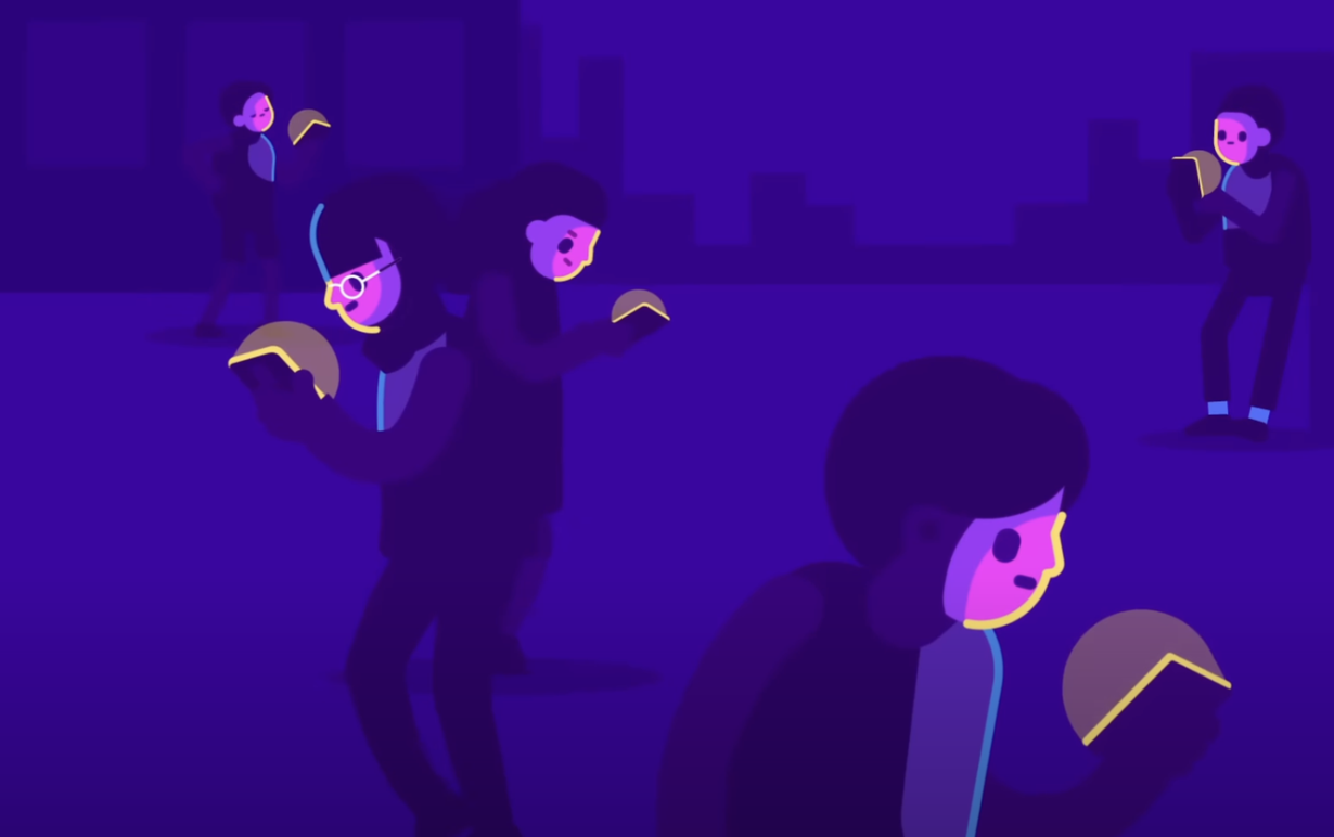 Illustration von Personen, die in der Nacht mit Smartphones und Taschenlampen interagieren.