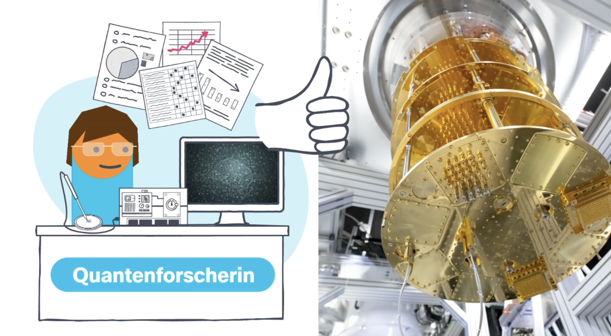 Illustration einer Quantenforscherin am Labor mit Quantencomputer-Hardware im Hintergrund.