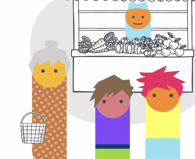 Illustration eines Marktes mit Verkäufer, Kunden und frischem Obst und Gemüse.
