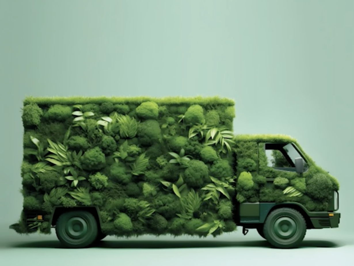 Lieferwagen vollständig mit Moos und grünen Pflanzen bedeckt, Symbol für nachhaltige Mobilität.