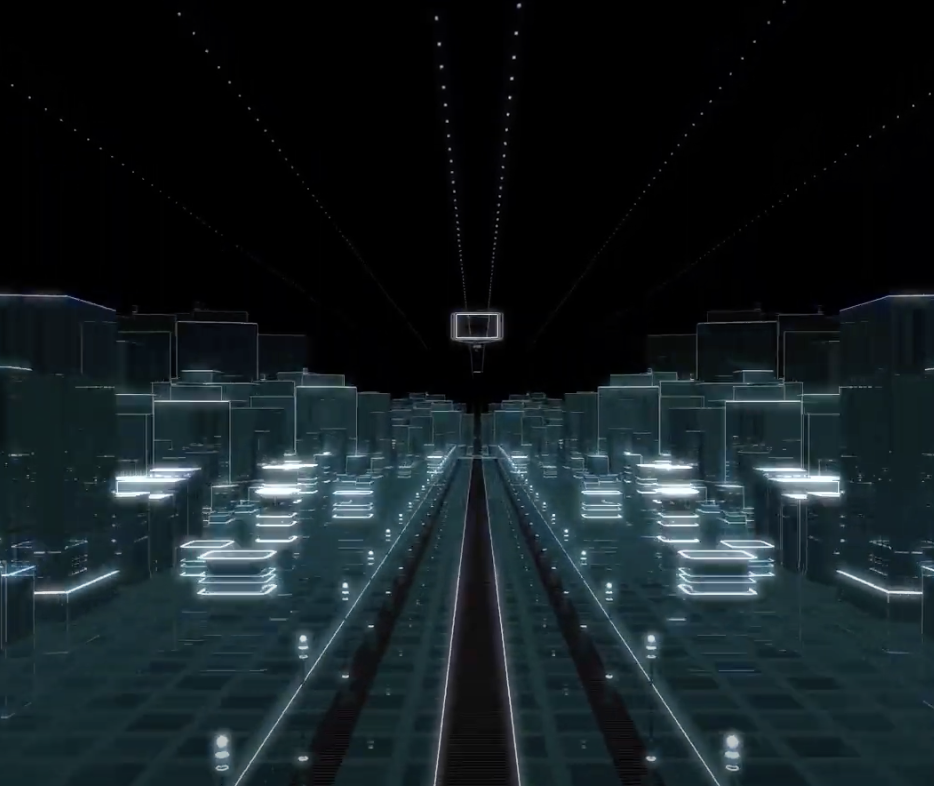 Dunkle, digitale Stadtlandschaft mit leuchtenden Umrissen futuristischer Gebäude und Straßen.