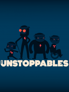 Vier animierte Figuren mit Ninjakopfbändern und leuchtenden Symbolen, Schriftzug "The Unstoppables".